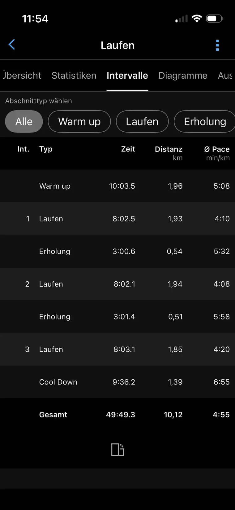 Garmin interval screen showing a warm-up, three eight-minute threshold repetitions, two three-minute recoveries, and a cool-down